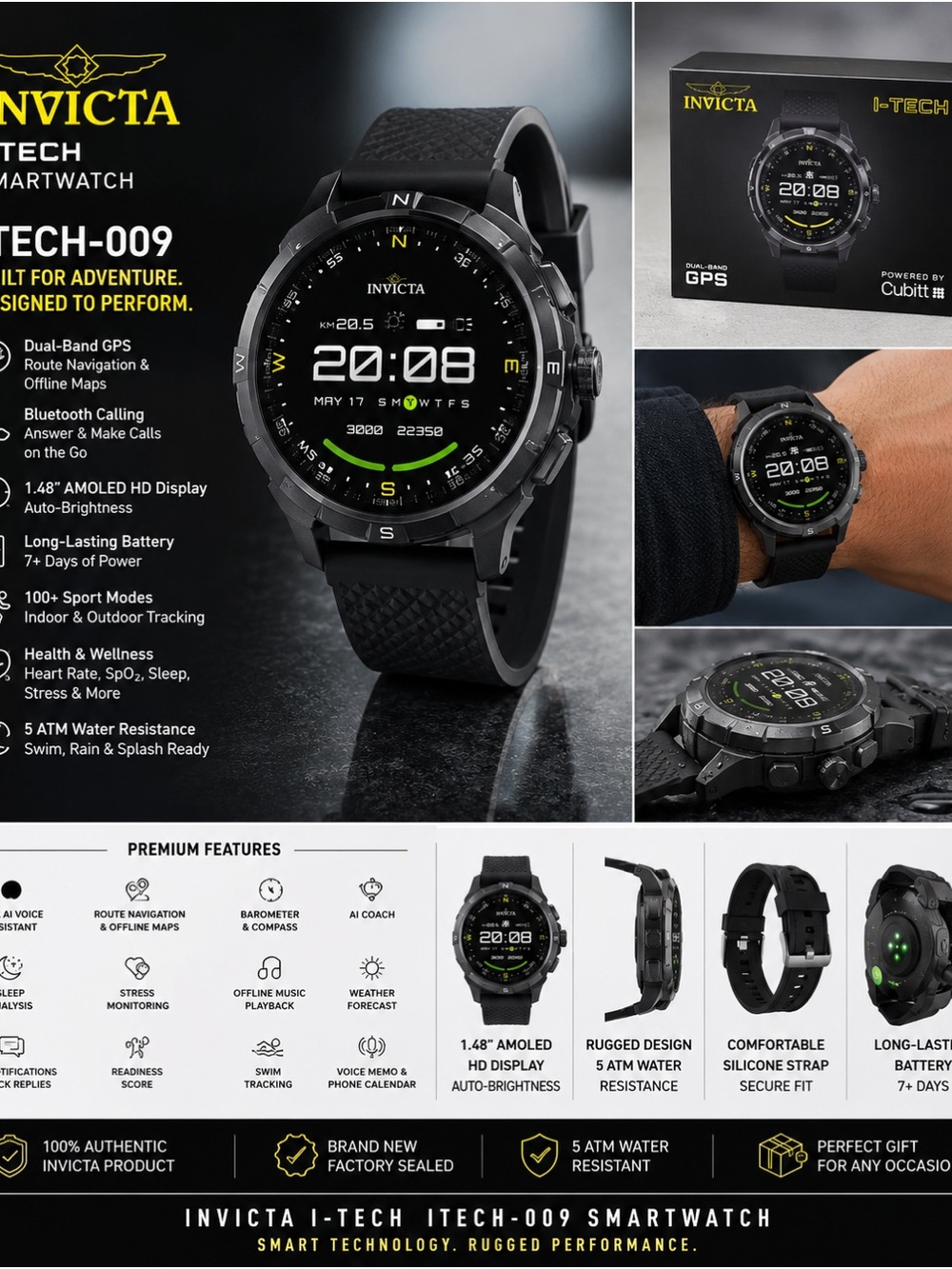 Invicta Black and Green Rugged Smartwatch I-TECH-009